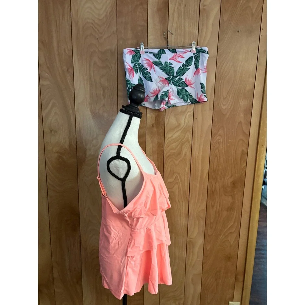 Coral Pink Ruffle Tankini Set‎ Tropical Floral Shorts Swimsuit Plus Size 3XL